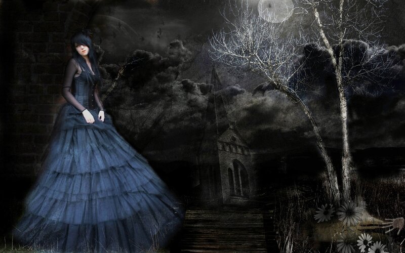 Woman in Black Dress — Dark, Night, Digital Art, Tree
