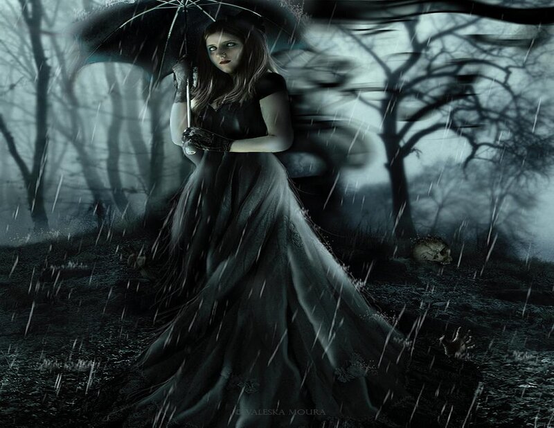 Woman in Black Dress — Dark, Night, Digital Art, Umbrella
