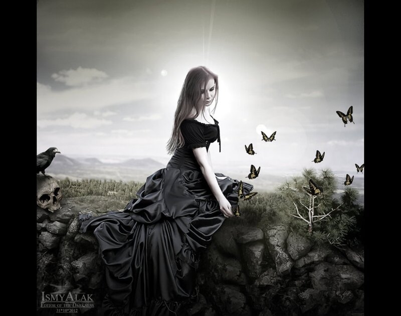 Woman in Black Dress — Dramatic, Afternoon, Digital Art, Butterflies
