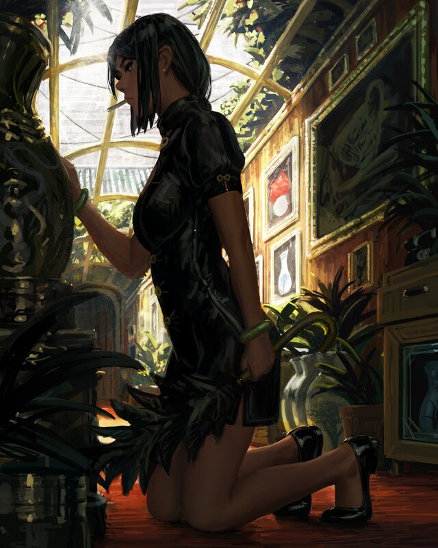 Woman in Black Dress — Dramatic, Afternoon, Digital Art, Cigarette