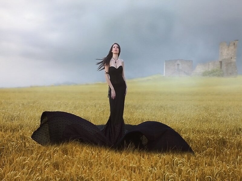 Woman in Black Dress — Dramatic, Afternoon, Digital Art, Field