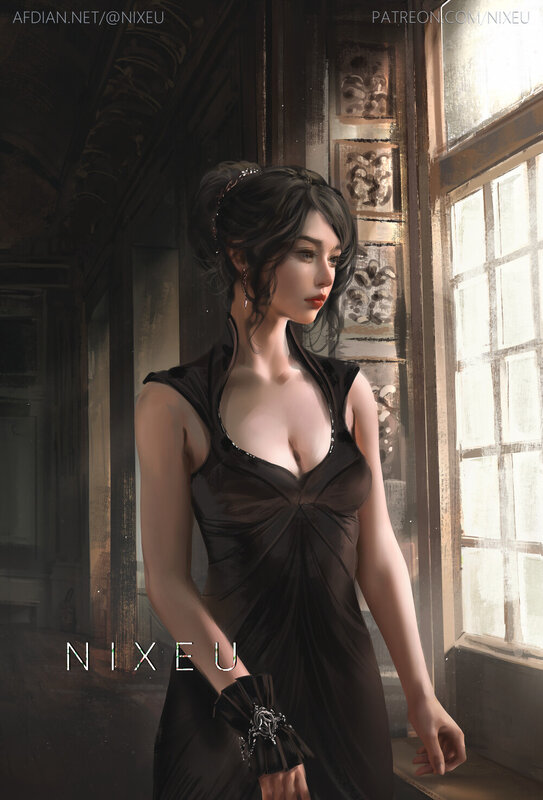 Woman in Black Dress — Dramatic, Afternoon, Digital Art, Window