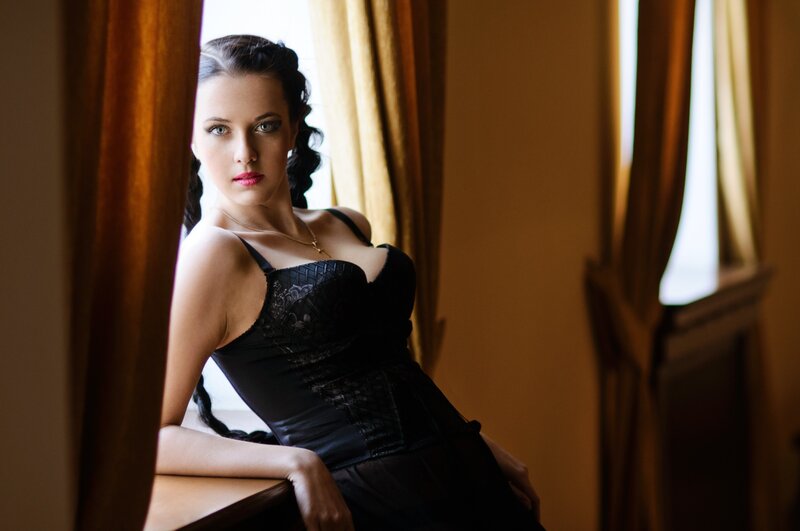 Woman in Black Dress — Dramatic, Afternoon, Photograph, Curtains, Window