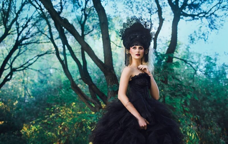Woman in Black Dress — Dramatic, Afternoon, Photograph, Forest, Crown