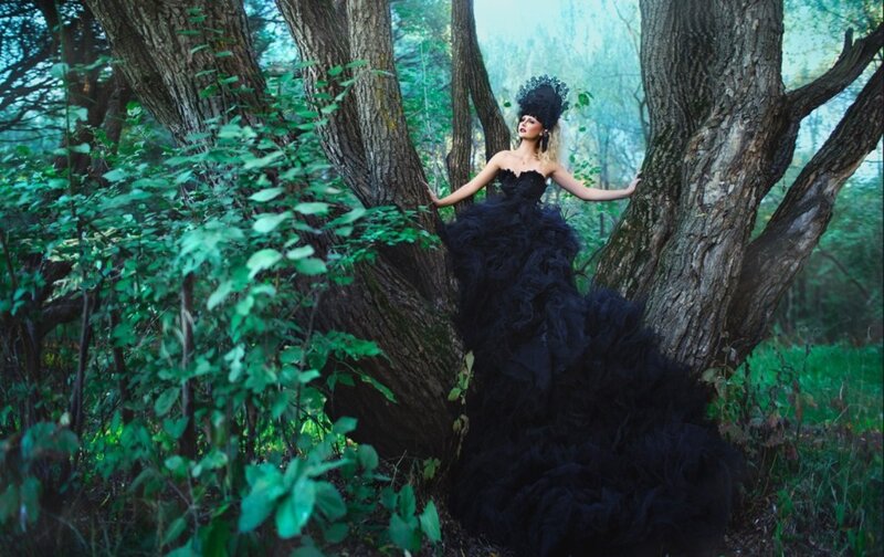 Woman in Black Dress — Dramatic, Afternoon, Photograph, Forest, Tree