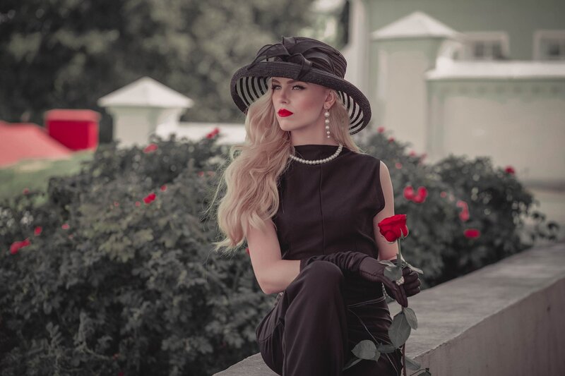 Woman in Black Dress — Dramatic, Afternoon, Photograph, Hat, Rose