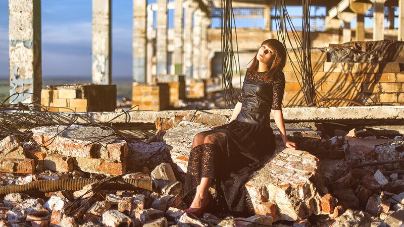 Woman in Black Dress — Dramatic, Afternoon, Photograph, Ruins, Bricks