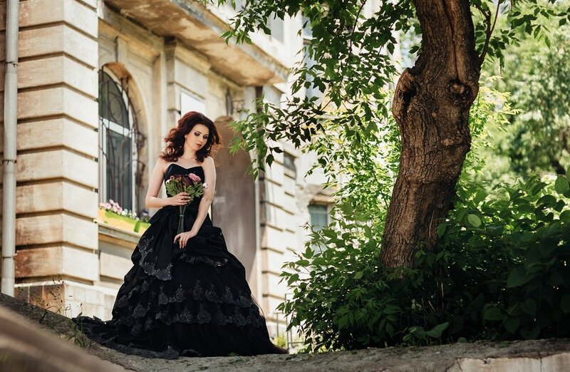 Woman in Black Dress — Dramatic, Afternoon, Photograph, Tree, Building