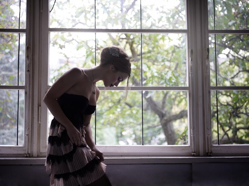 Woman in Black Dress — Dramatic, Afternoon, Photograph, Window, Trees