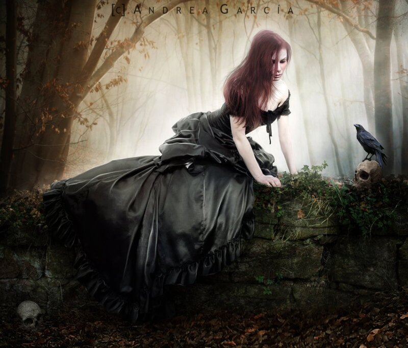 Woman in Black Dress — Dramatic, Autumn, Digital Art, Crow