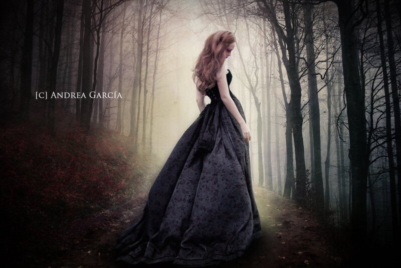 Woman in Black Dress — Dramatic, Autumn, Digital Art, Forest, Path