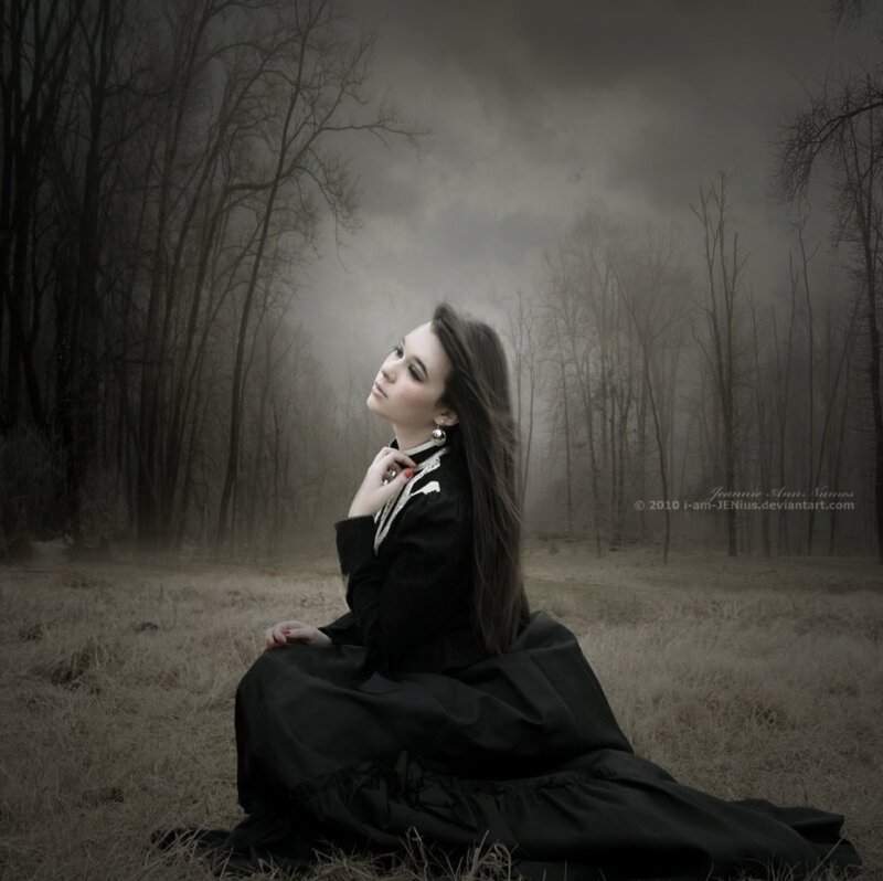 Woman in Black Dress — Dramatic, Autumn, Digital Art, Forest