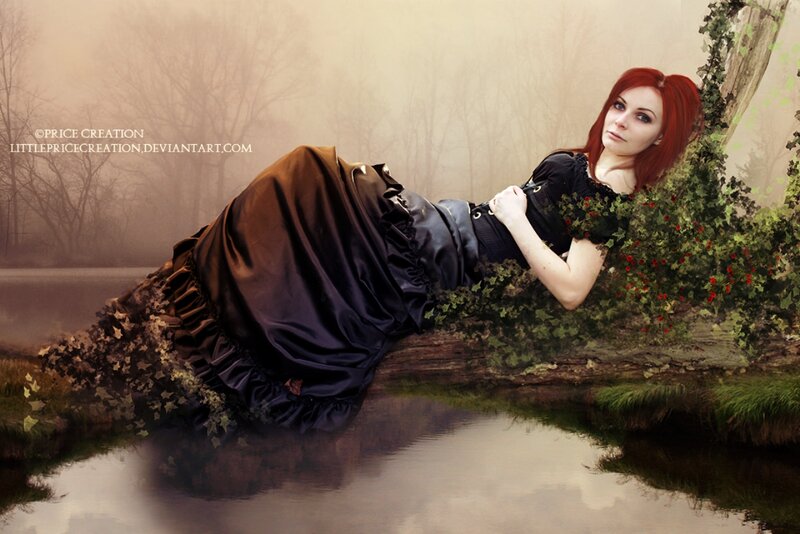 Woman in Black Dress — Dramatic, Autumn, Digital Art, River