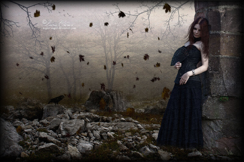 Woman in Black Dress — Dramatic, Autumn, Digital Art, Stone Wall