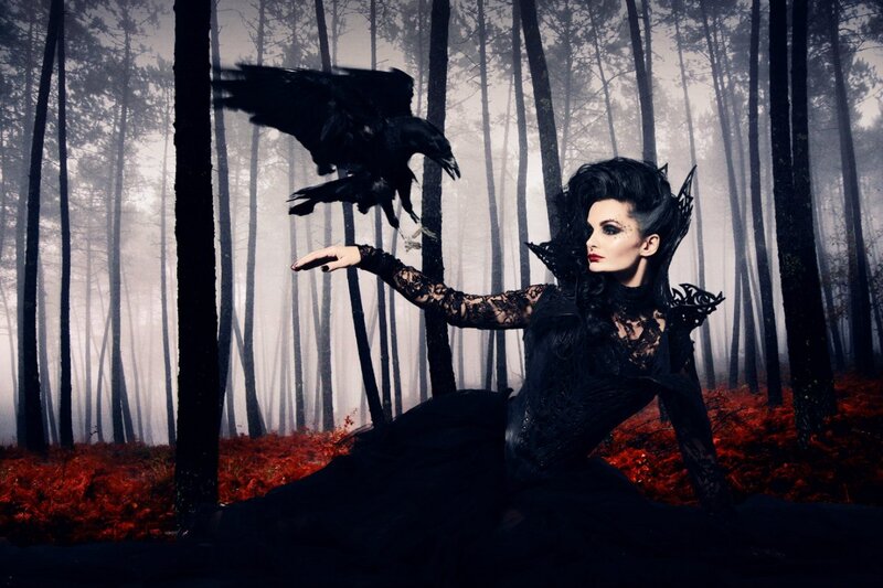 Woman in Black Dress — Dramatic, Autumn, Photograph, Crow, Forest
