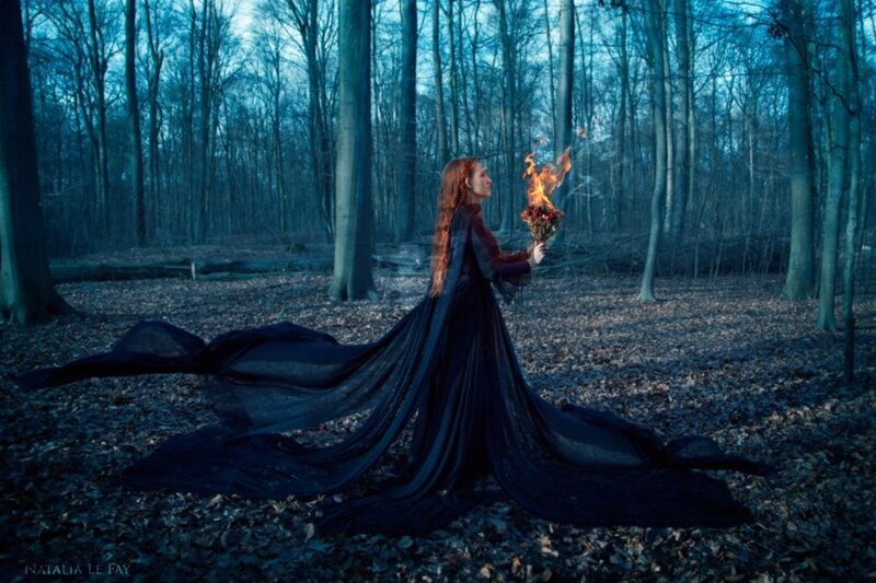 Woman in Black Dress — Dramatic, Autumn, Photograph, Forest, Fire