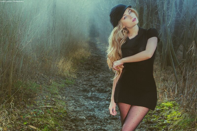 Woman in Black Dress — Dramatic, Autumn, Photograph, Forest Path