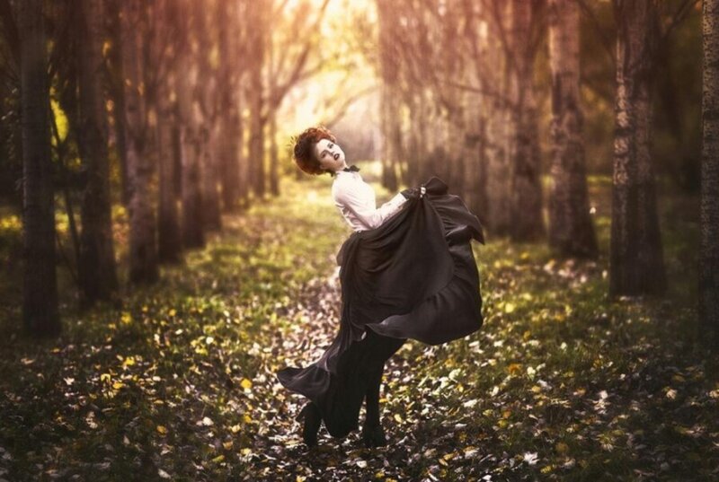 Woman in Black Dress — Dramatic, Autumn, Photograph, Forest
