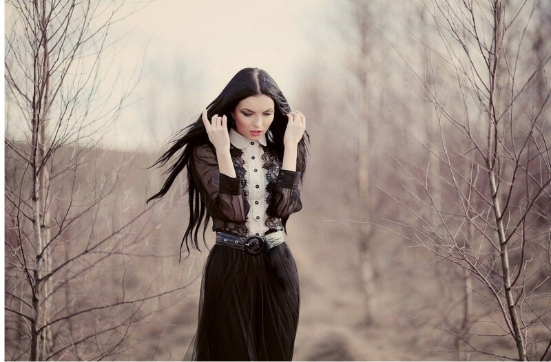 Woman in Black Dress — Dramatic, Autumn, Photograph, Long Hair, Bare Trees