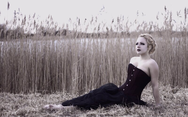 Woman in Black Dress — Dramatic, Autumn, Photograph, Reeds, Lake