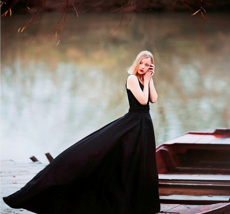 Woman in Black Dress — Dramatic, Autumn, Photograph, River