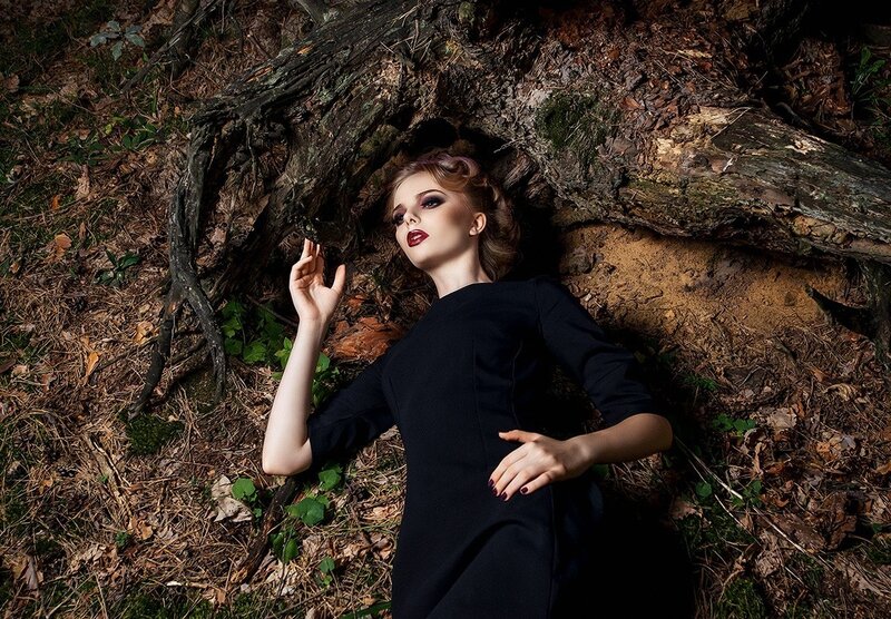 Woman in Black Dress — Dramatic, Autumn, Photograph, Tree Roots