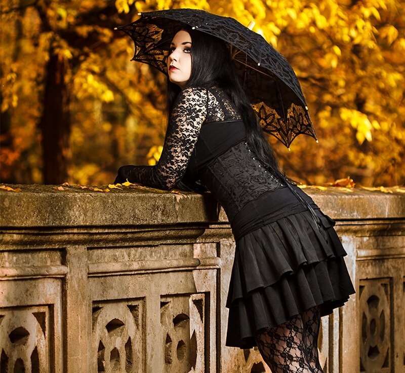 Woman in Black Dress — Dramatic, Autumn, Photograph, Umbrella, Stone Wall