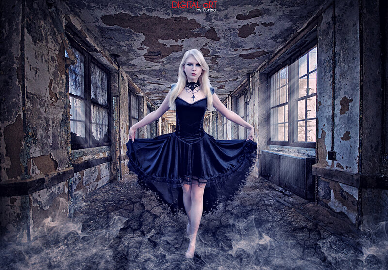 Woman in Black Dress — Dramatic, Digital Art, Abandoned Building