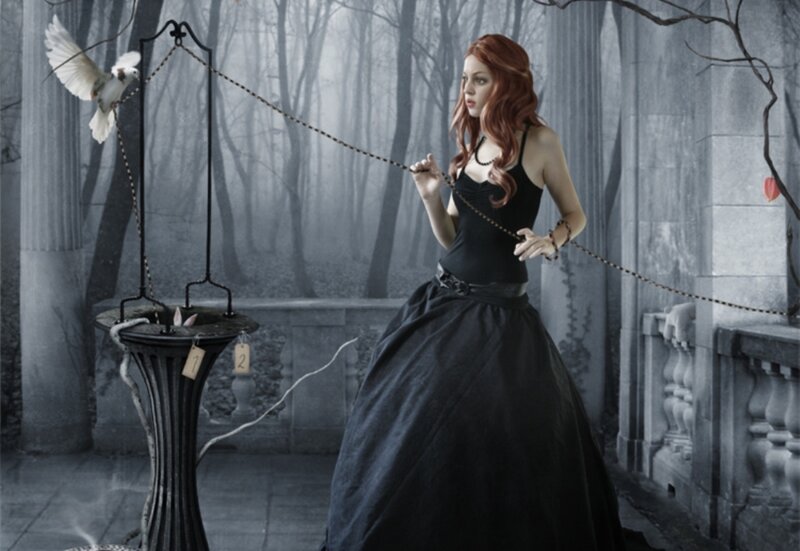 Woman in Black Dress — Dramatic, Digital Art, Bird, Chain, Forest