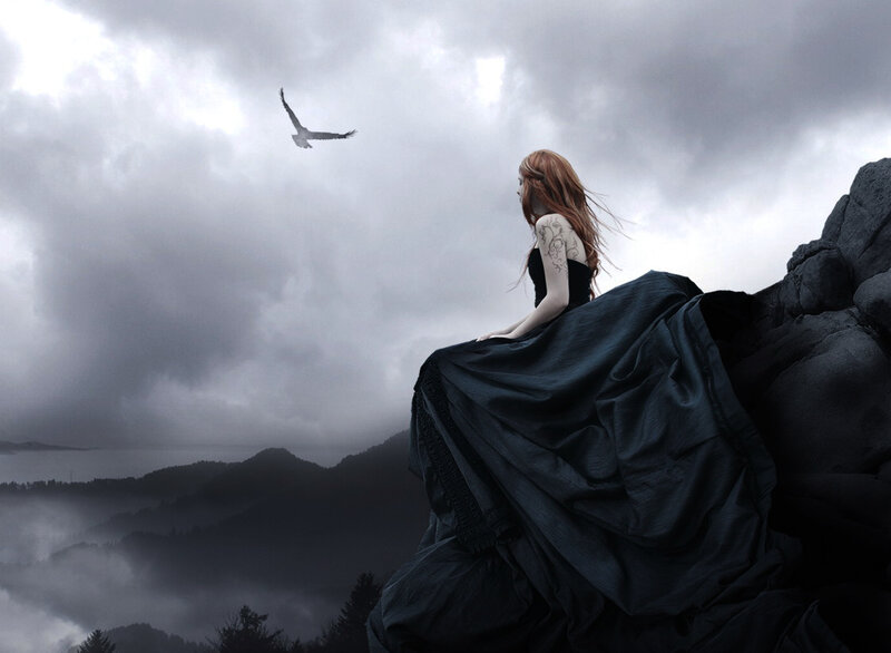 Woman in Black Dress — Dramatic, Digital Art, Bird, Mountains