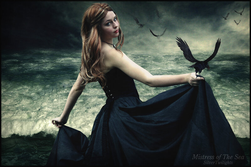 Woman in Black Dress — Dramatic, Digital Art, Birds, Ocean