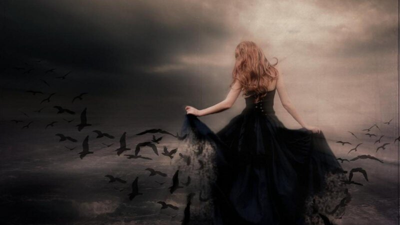 Woman in Black Dress — Dramatic, Digital Art, Birds, Sky