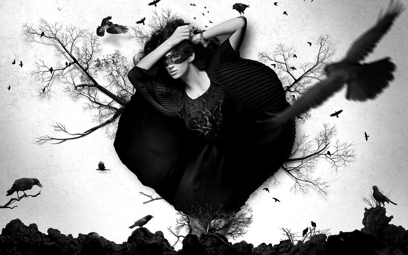 Woman in Black Dress — Dramatic, Digital Art, Birds, Trees