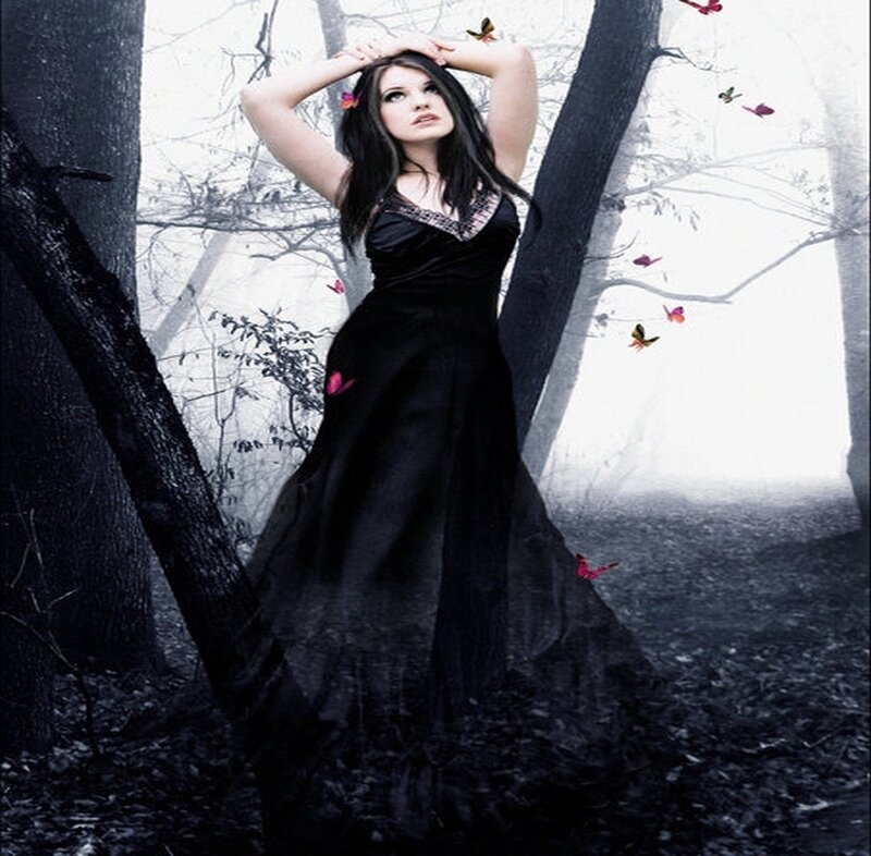Woman in Black Dress — Dramatic, Digital Art, Butterflies