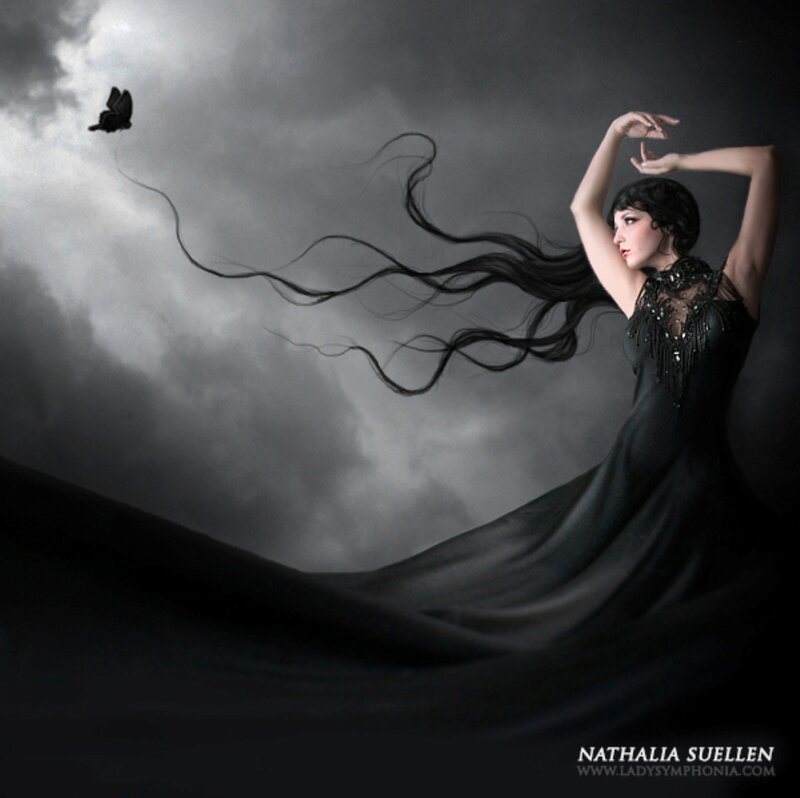 Woman in Black Dress — Dramatic, Digital Art, Butterfly