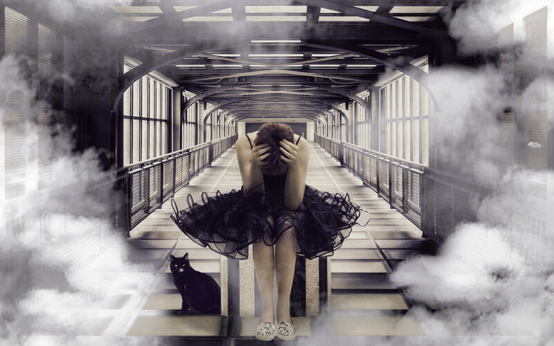 Woman in Black Dress — Dramatic, Digital Art, Cat, Smoke