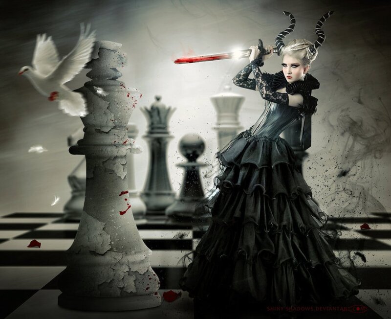 Woman in Black Dress — Dramatic, Digital Art, Chess Pieces