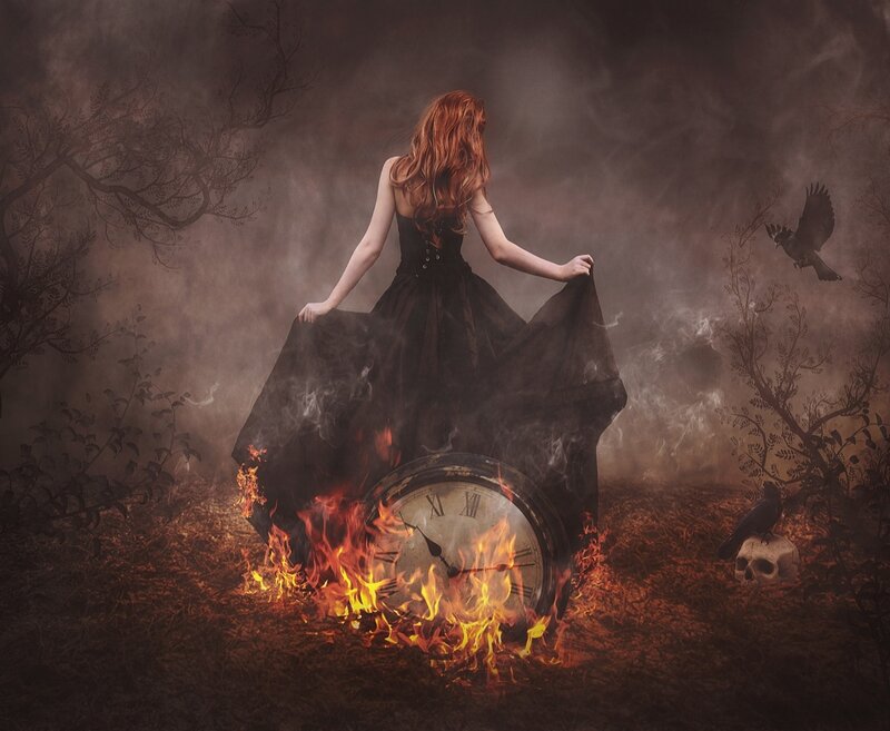 Woman in Black Dress — Dramatic, Digital Art, Clock