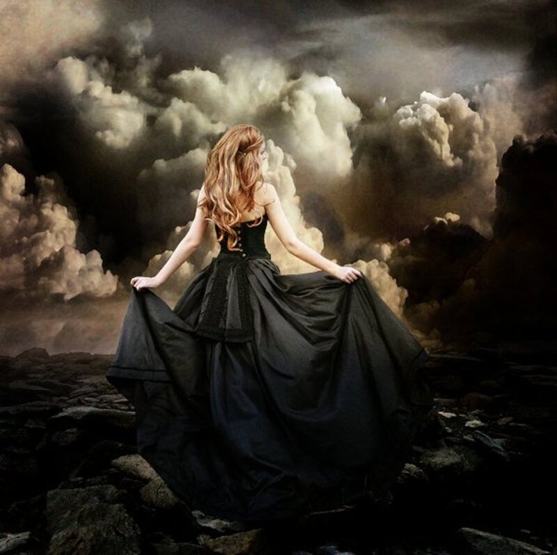 Woman in Black Dress — Dramatic, Digital Art, Clouds