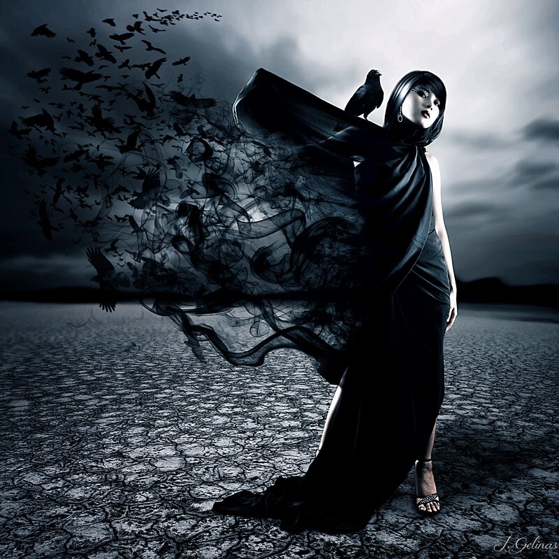 Woman in Black Dress — Dramatic, Digital Art, Crow, Birds