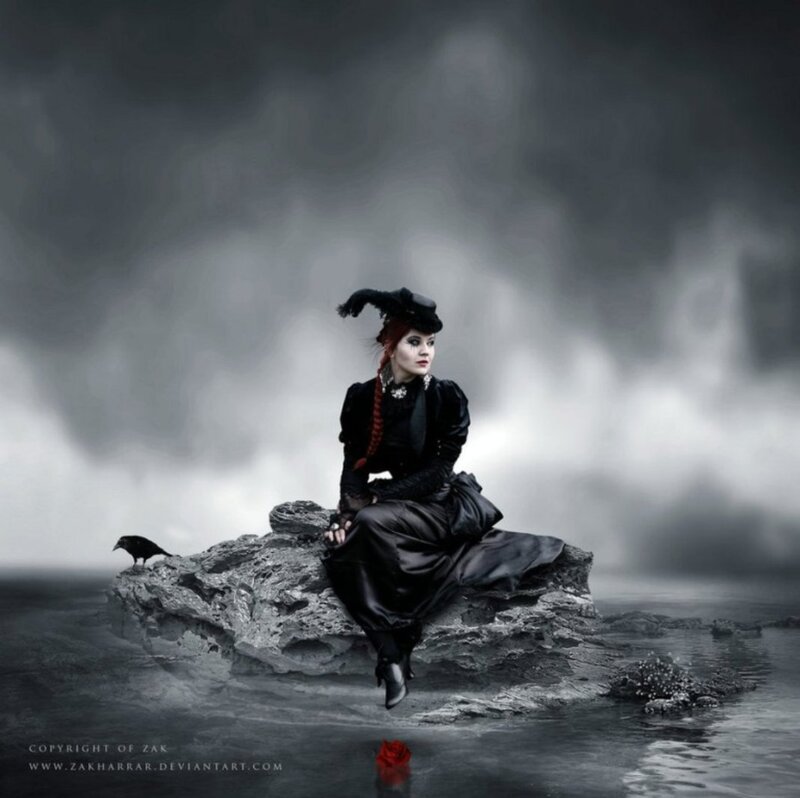 Woman in Black Dress — Dramatic, Digital Art, Crow, Rock