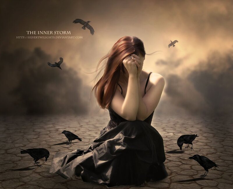Woman in Black Dress — Dramatic, Digital Art, Crows, Clouds