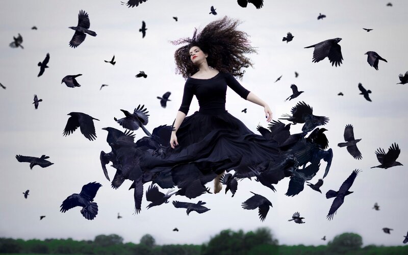 Woman in Black Dress — Dramatic, Digital Art, Crows, Sky