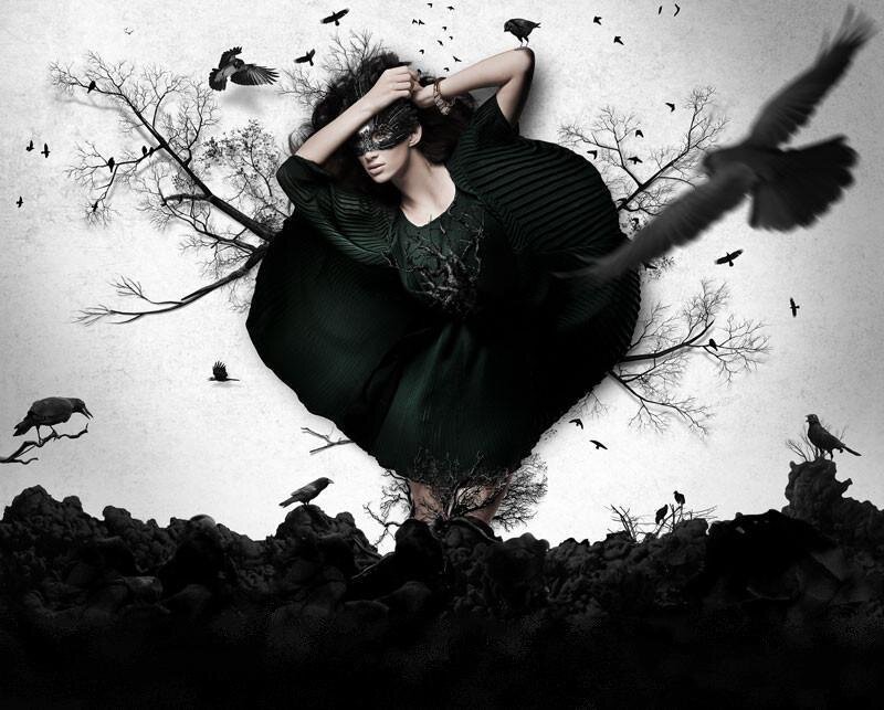Woman in Black Dress — Dramatic, Digital Art, Crows