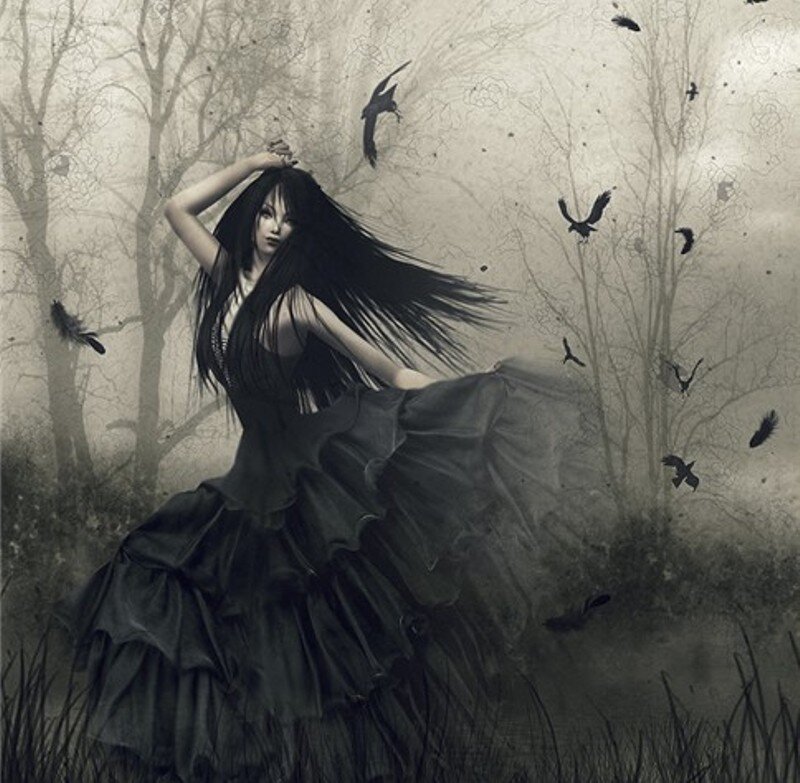 Woman in Black Dress — Dramatic, Digital Art, Crows, Trees