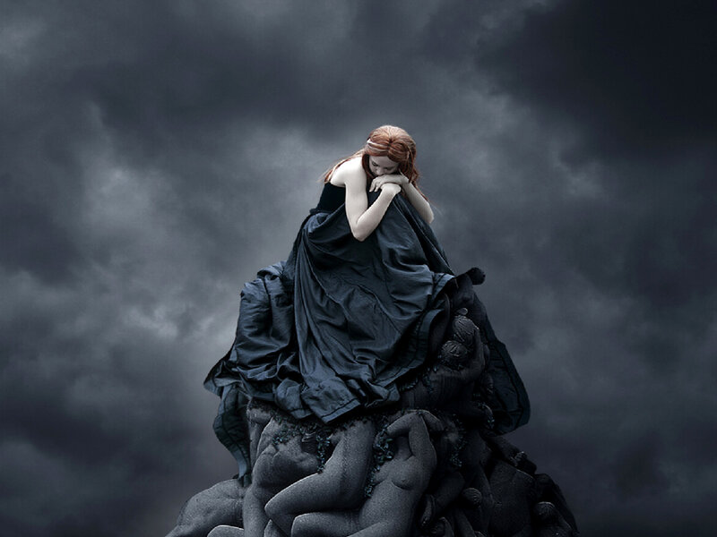 Woman in Black Dress — Dramatic, Digital Art, Dark Clouds