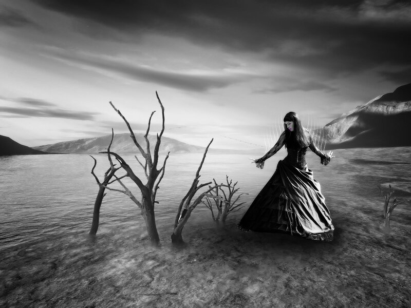 Woman in Black Dress — Dramatic, Digital Art, Dead Trees