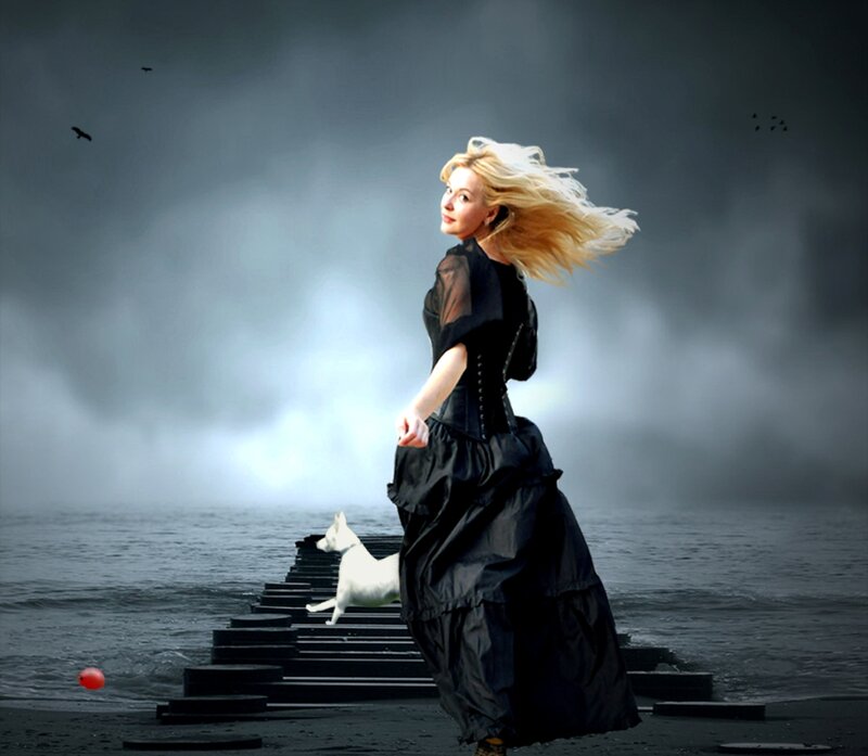 Woman in Black Dress — Dramatic, Digital Art, Dog