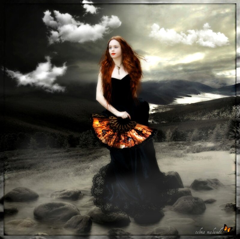 Woman in Black Dress — Dramatic, Digital Art, Fan, Clouds