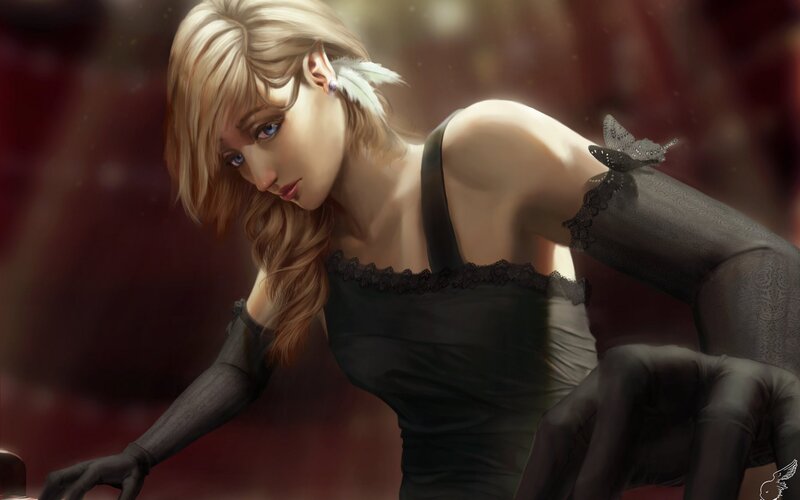 Woman in Black Dress — Dramatic, Digital Art, Feather